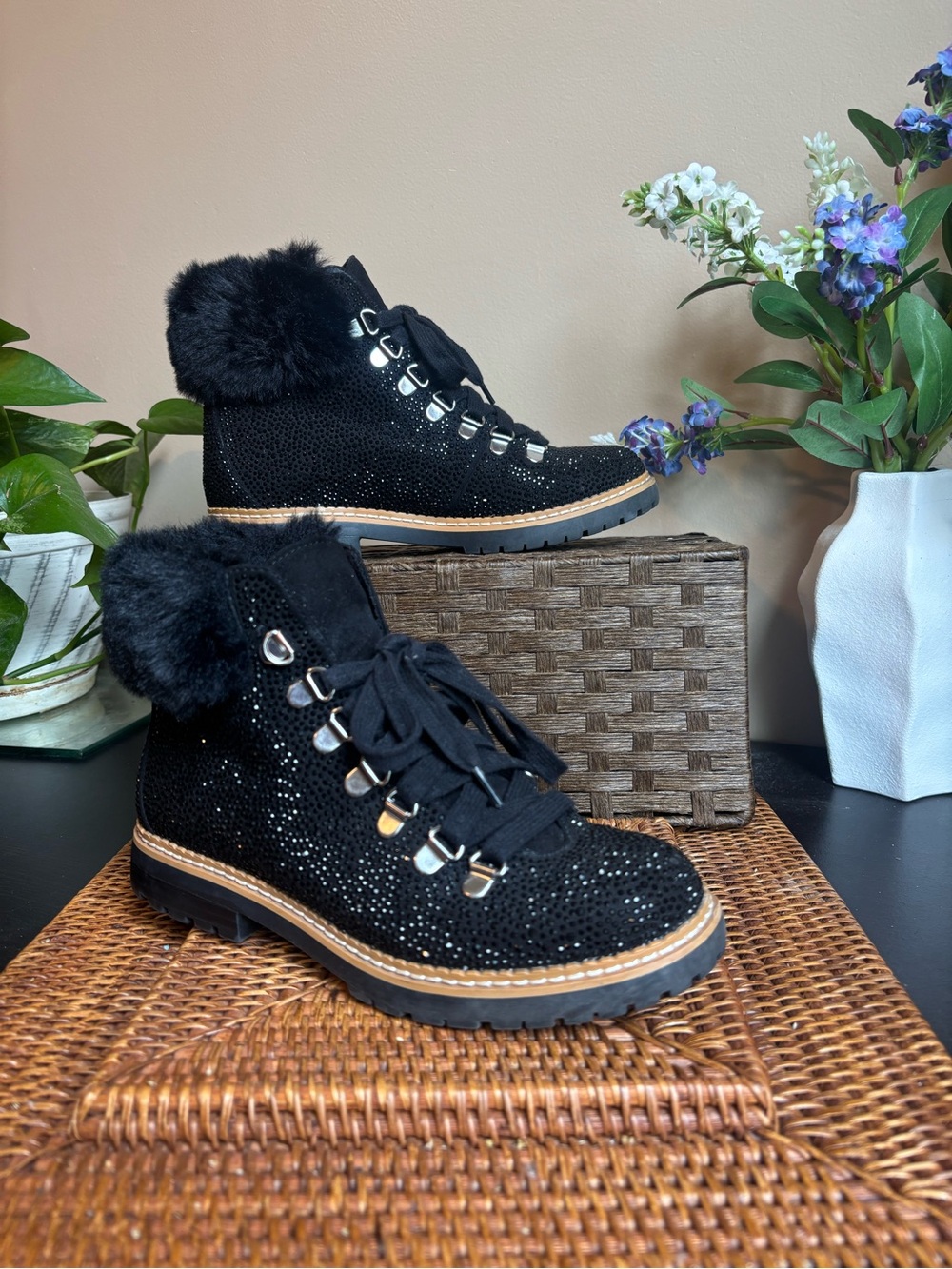 INC International Concepts Pravale 3 Black Rhinestone Faux Fur Boots - Size 6M